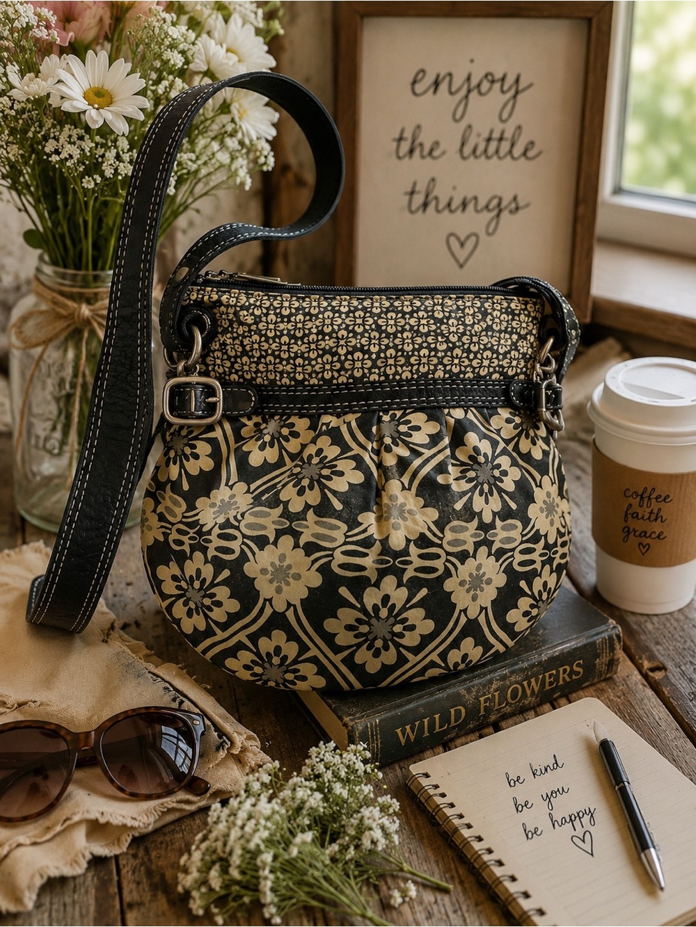 Fossil Vintage Boho Black & Cream Print Linen Canvas Leather Shoulder Hobo Bag